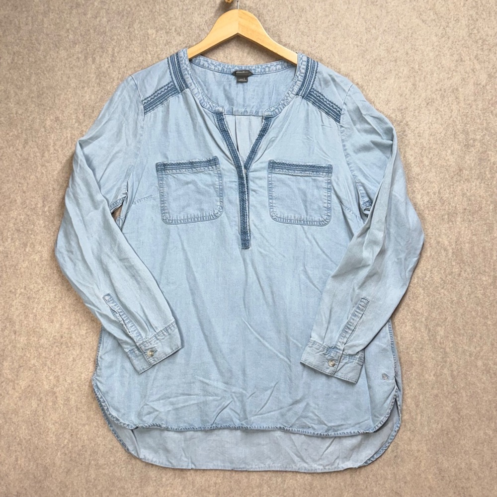 Eddie Bauer Womens Blue Tencel Lyocell Embroidered Split Neck Tunic Shirt Large
